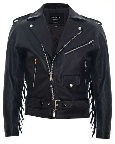 Mens Fringe Hide Leather Biker Jacket- Tokyo