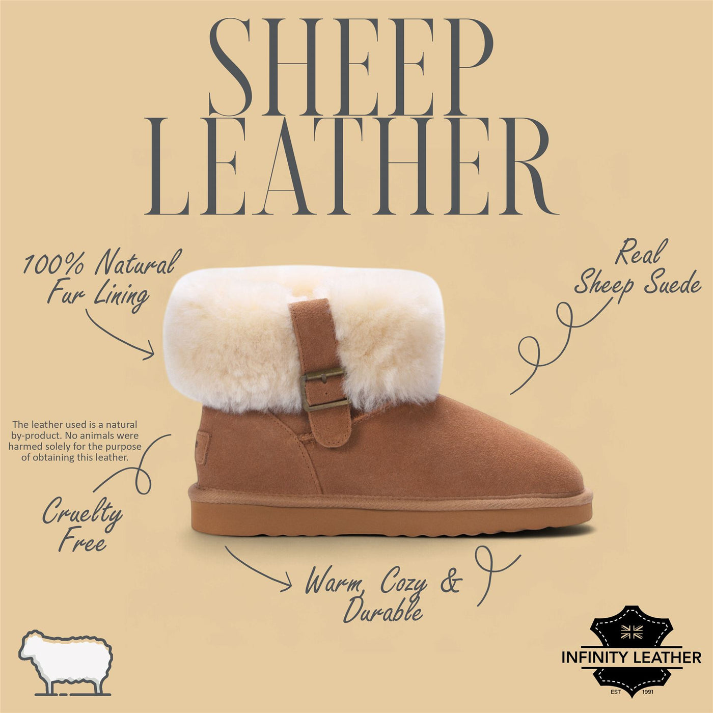 Women's Genuine Sheepskin Tan Suede Ankle Bootie Winter Boots - Granite