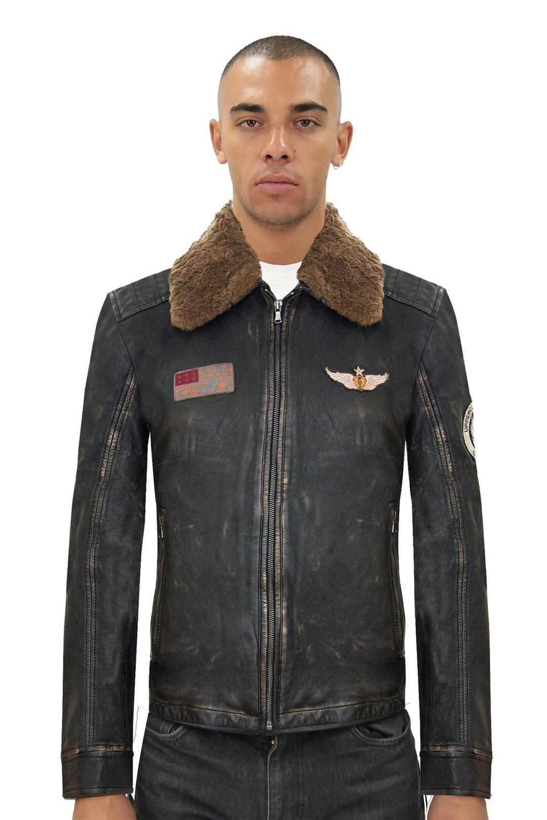 Mens Badged Vintage Black Leather Bomber Jacket-Tunis – Infinity