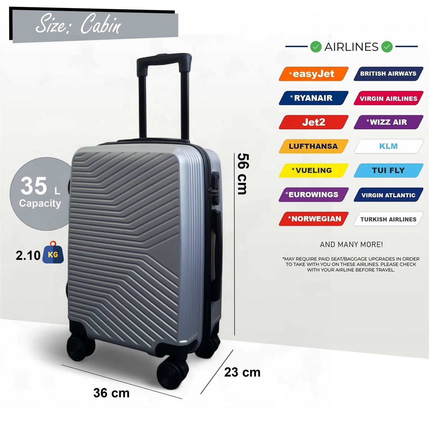 Hard Shell Cabin  48 x 37 x 20 cm Luggage Suitcase Suitable for Easyjet, Ryanair