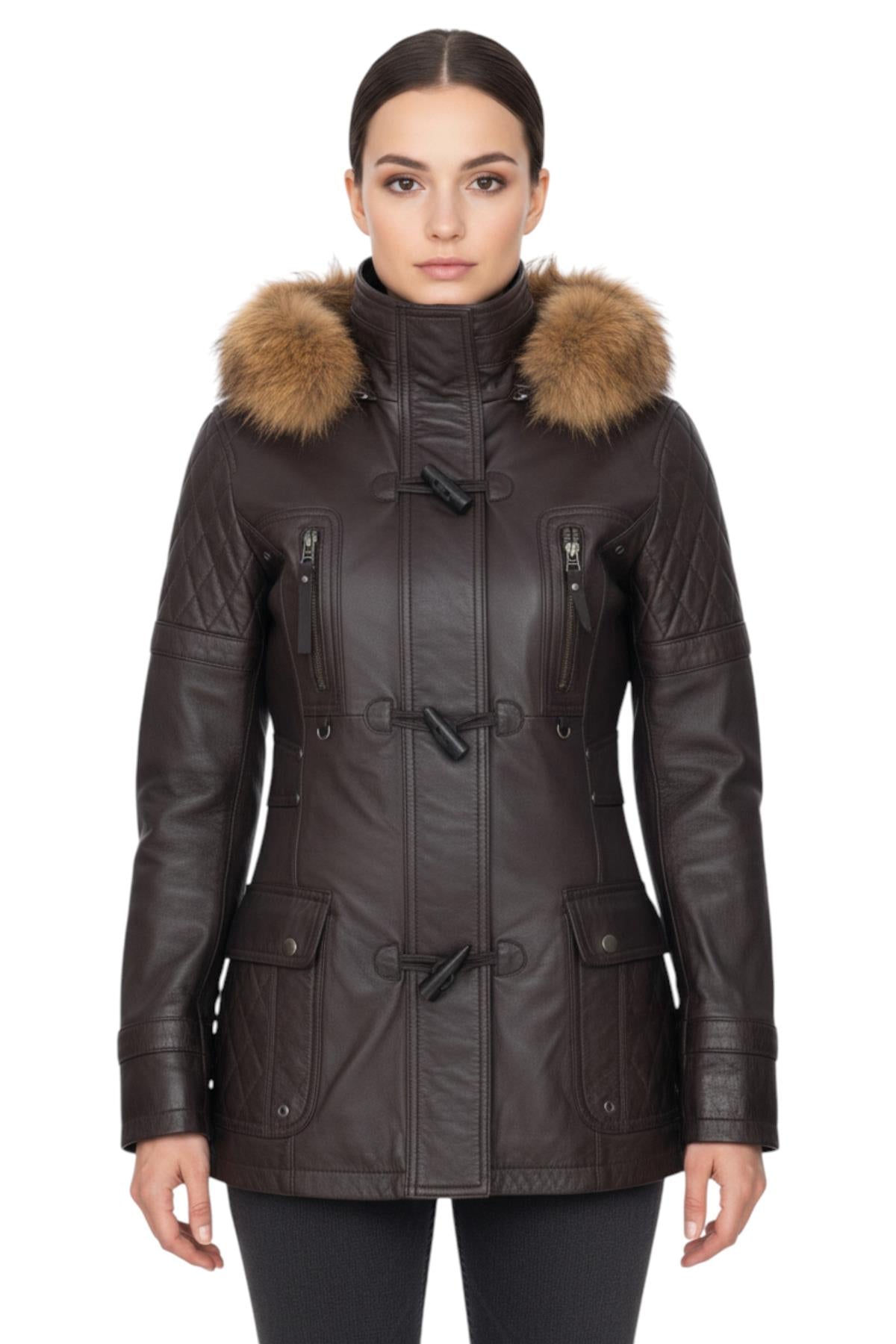 Womens Quilted Leather Parka Jacket-Brussels