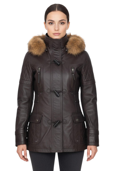 Womens Quilted Leather Parka Jacket-Brussels