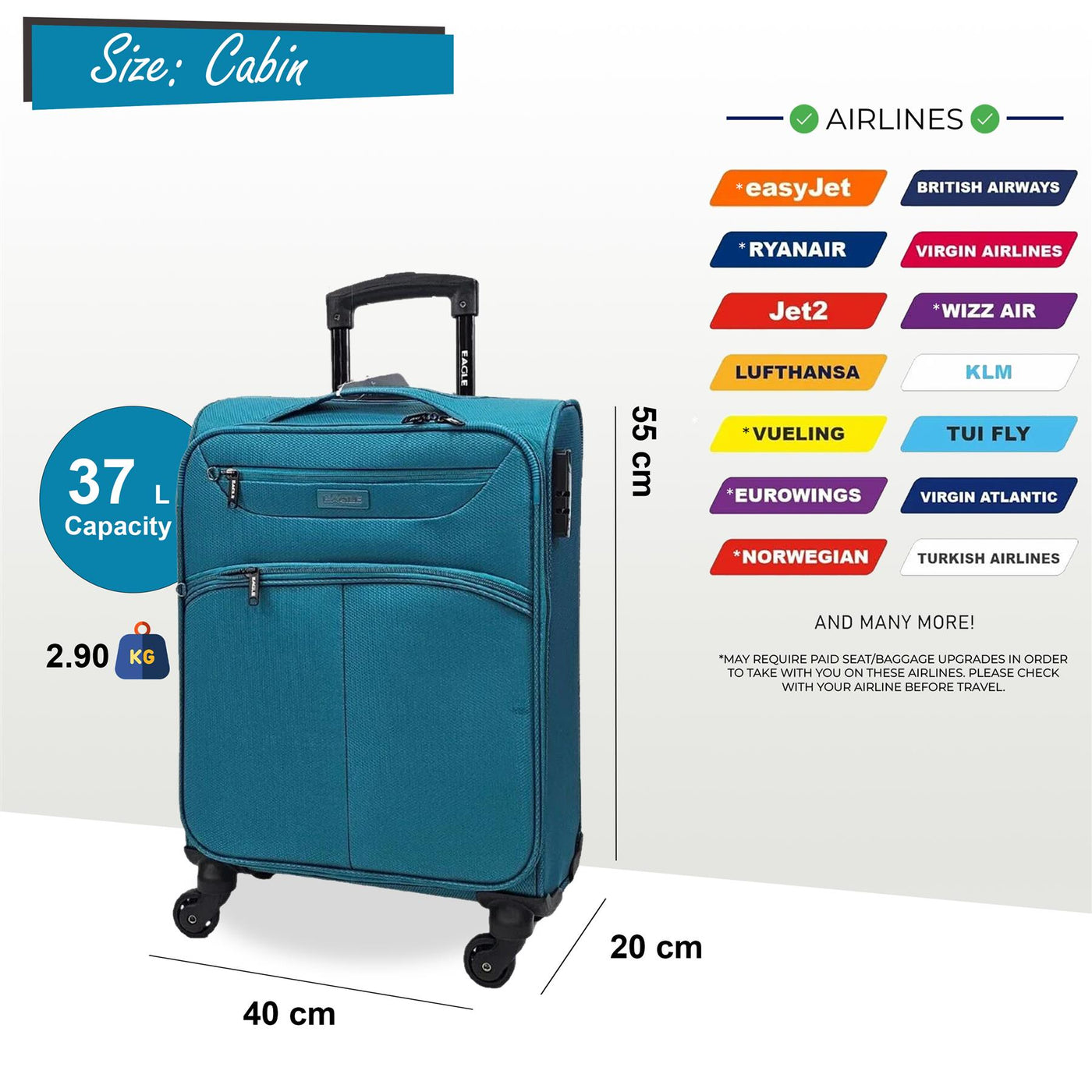 Lightweight Soft Cabin 4 Wheel Luggage Travel TSA Bag