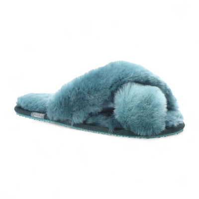 Women's Sheepskin Slippers Teal Warm Winter Fur Crossover - Snowbelle