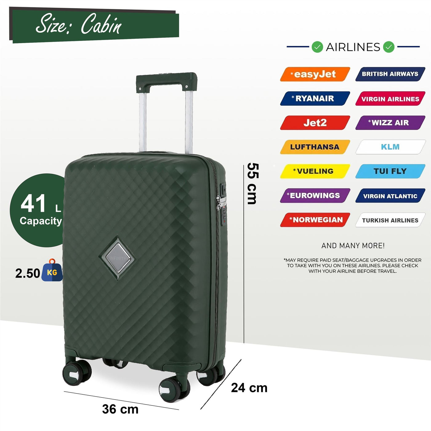 Robust Hard Shell Cabin Suitcase 36 x 24 x 55 cm TSA Luggage Suitable for Easyjet, Ryanair, Wizzair