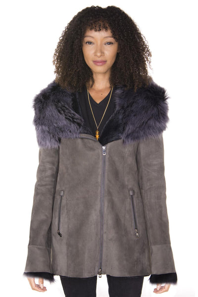 Womens Grey Suede Hooded Merino Sheepskin Coat-Monrovia