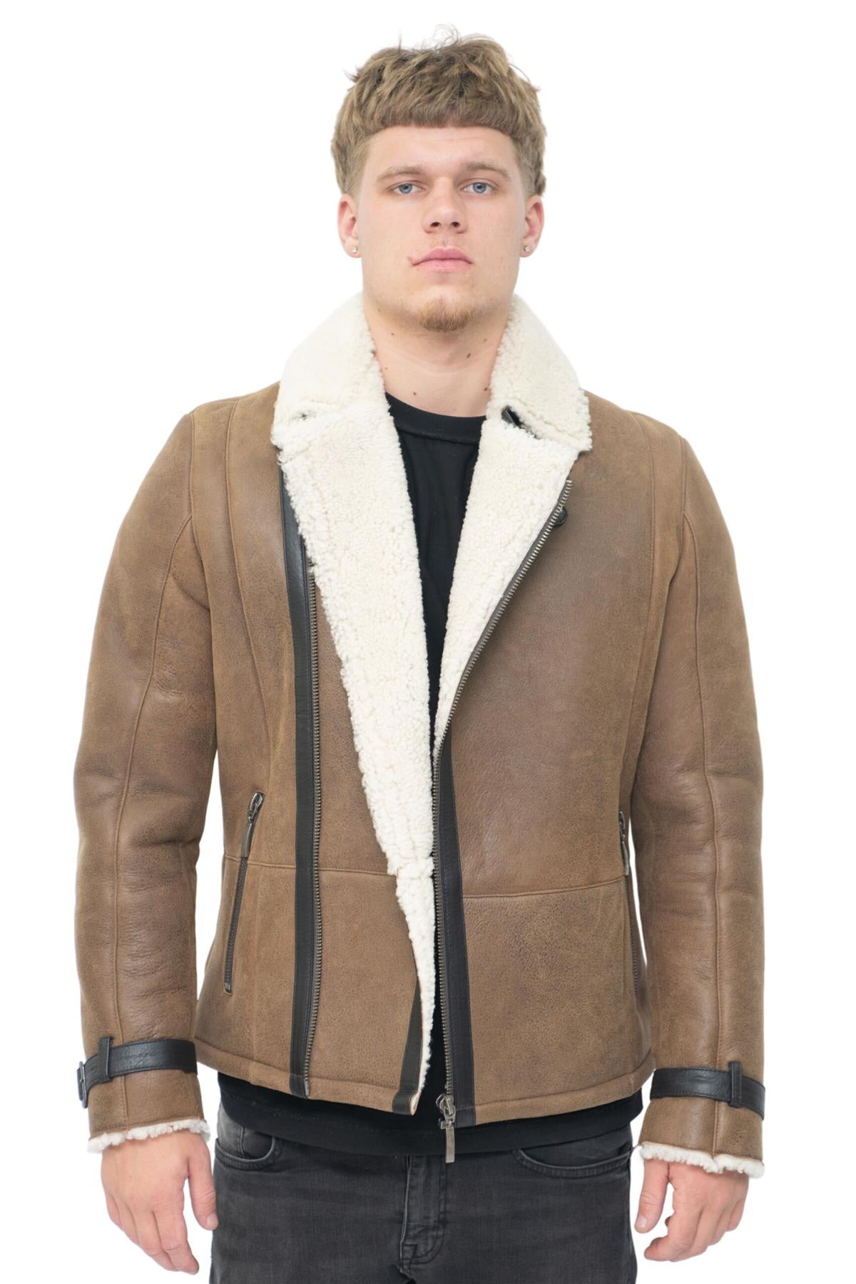 Mens Double Breasted Sheepskin Leather Biker Jacket-Heathfield