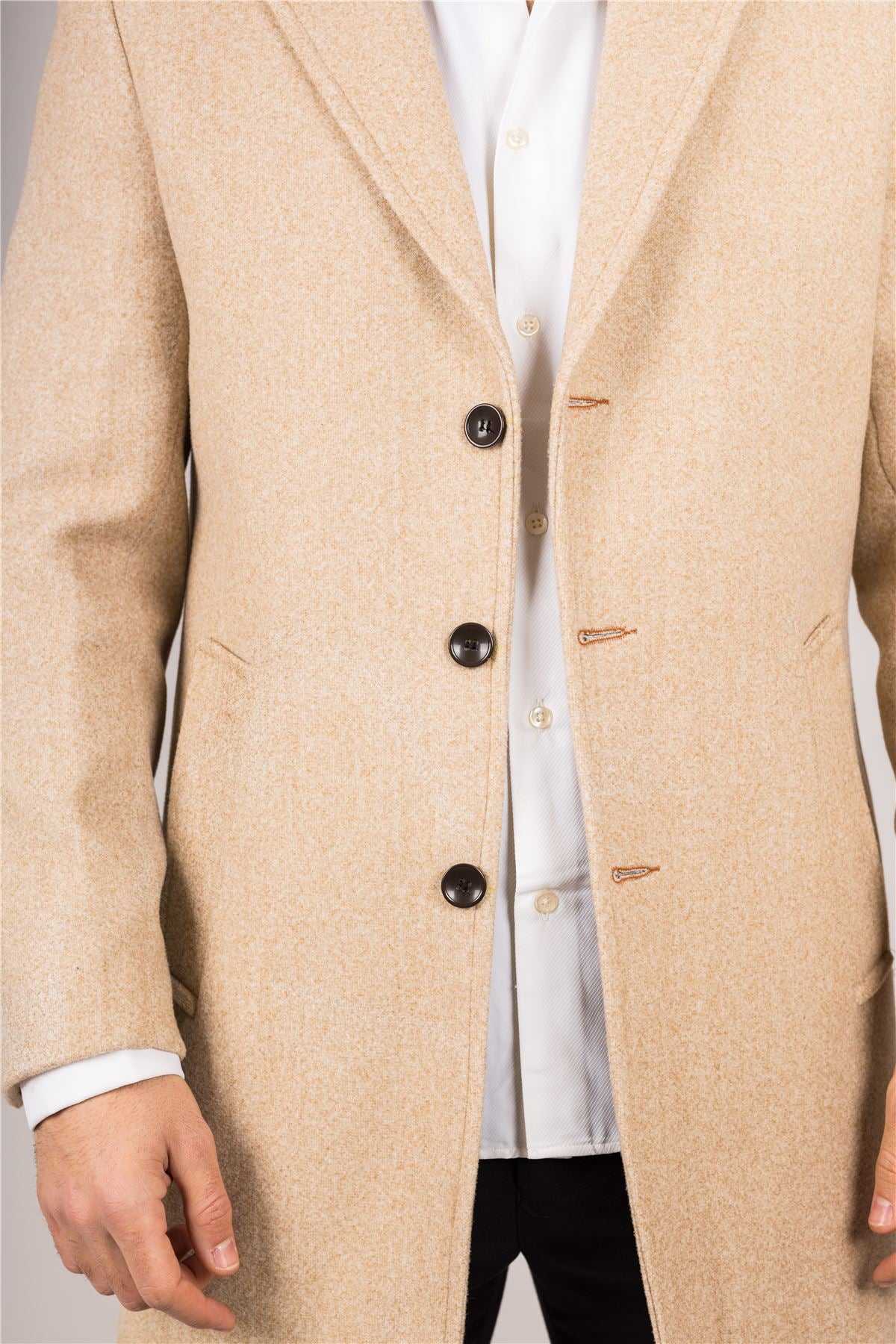 Men's Notched Lapel Collar Wool Blend Beige Overcoat