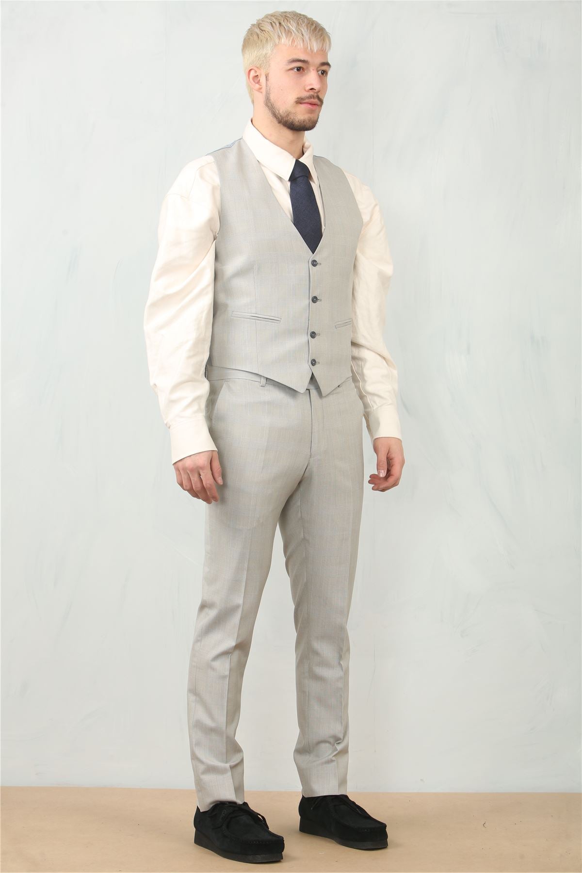 Men's 3 Piece Prince Of Wales Grey Suit Workwear