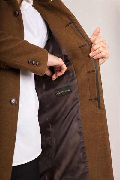 Men's Brown Stand Collar Wool Blend Overcoat