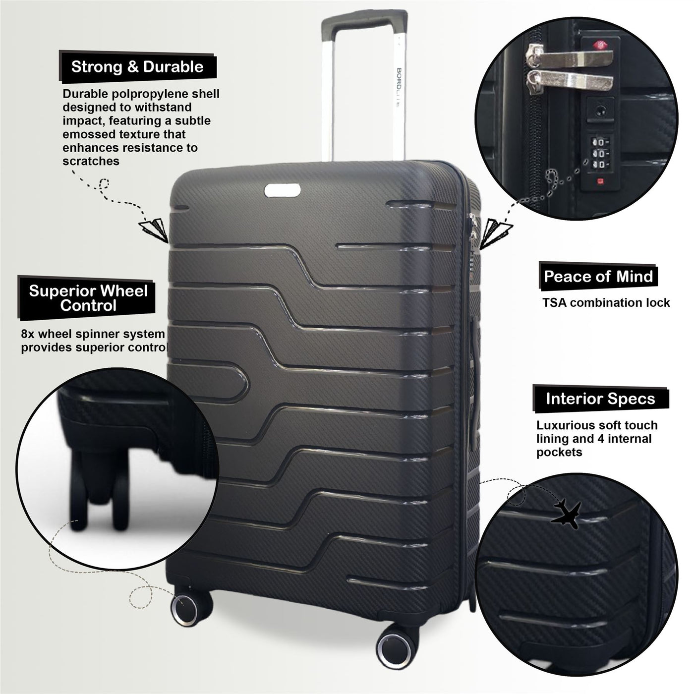 Hard Shell Black PP Dual 4 Wheels Luggage Travel Cabin Holiday Suitcase Set
