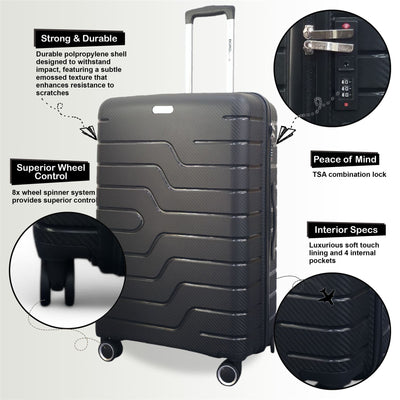 Hard Shell Black PP Dual 4 Wheels Luggage Travel Cabin Holiday Suitcase Set