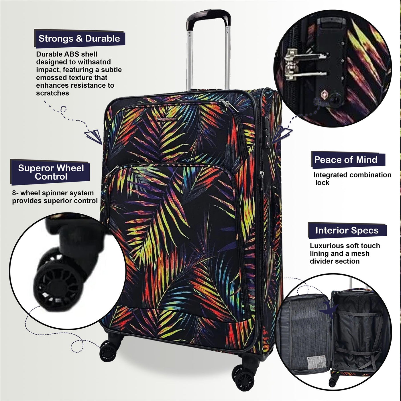 Lightweight Print Suitcases 8 Wheel Luggage Travel Soft Bags Set