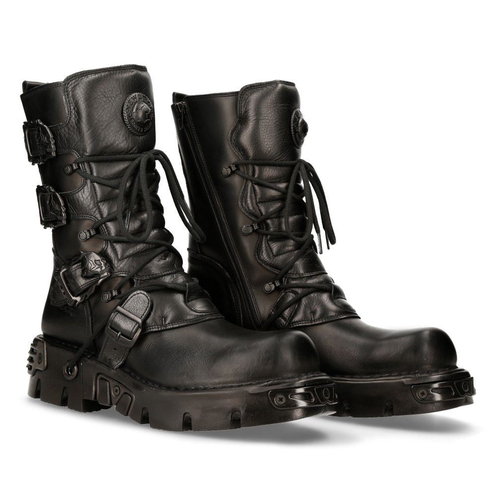 New Rock Black Leather Mid-Calf Boots-391-S18