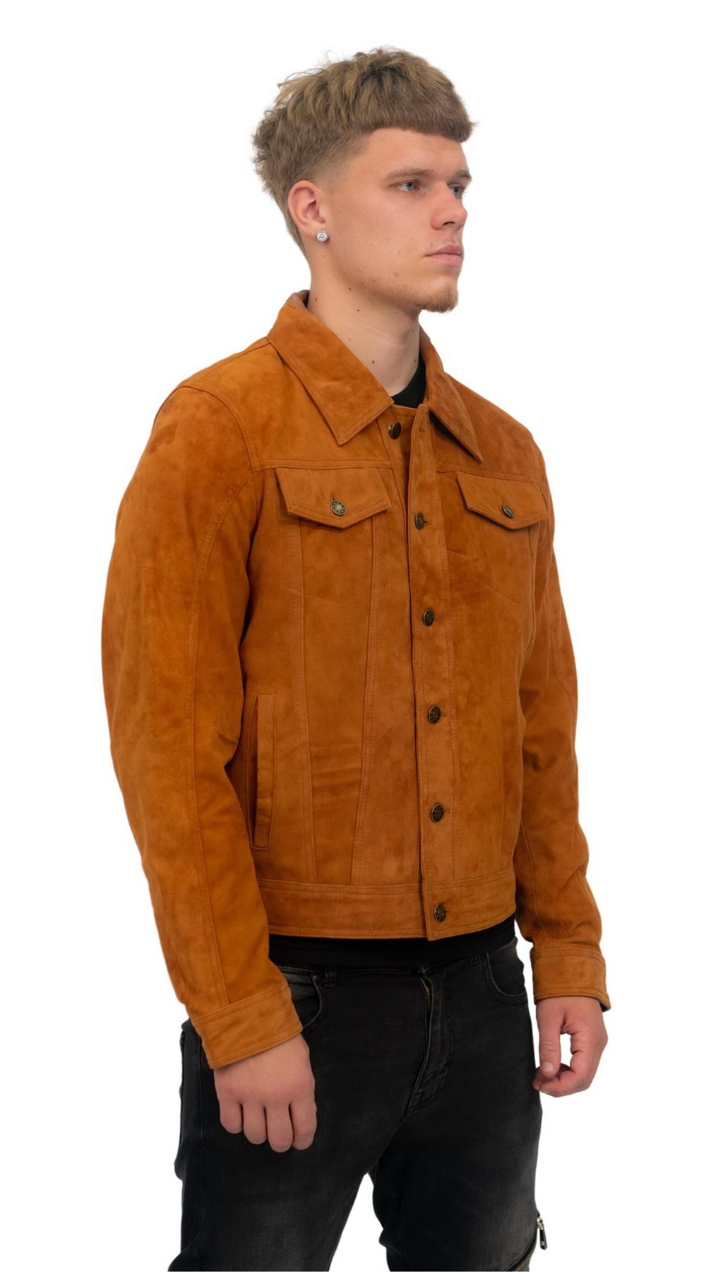 Mens Goat Suede Leather Trucker Jacket-Taraz