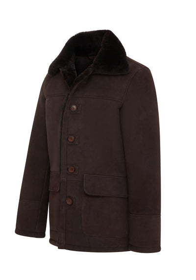 Mens Brown Shearling Sheepskin Car Coat - Elverum