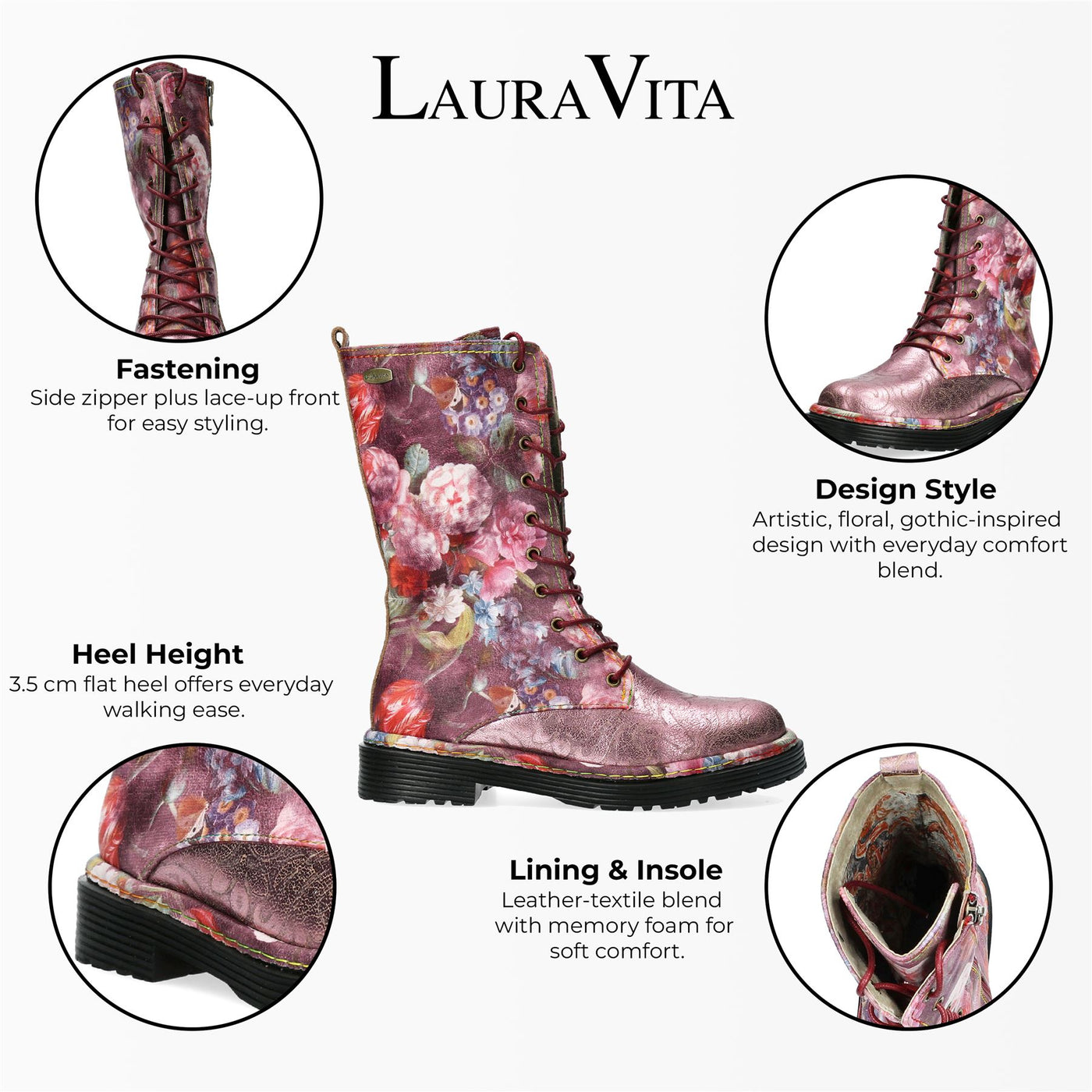 Laura Vita Incaso-18 Burgundy Floral Womens Gothic Victorian Leather High Boots