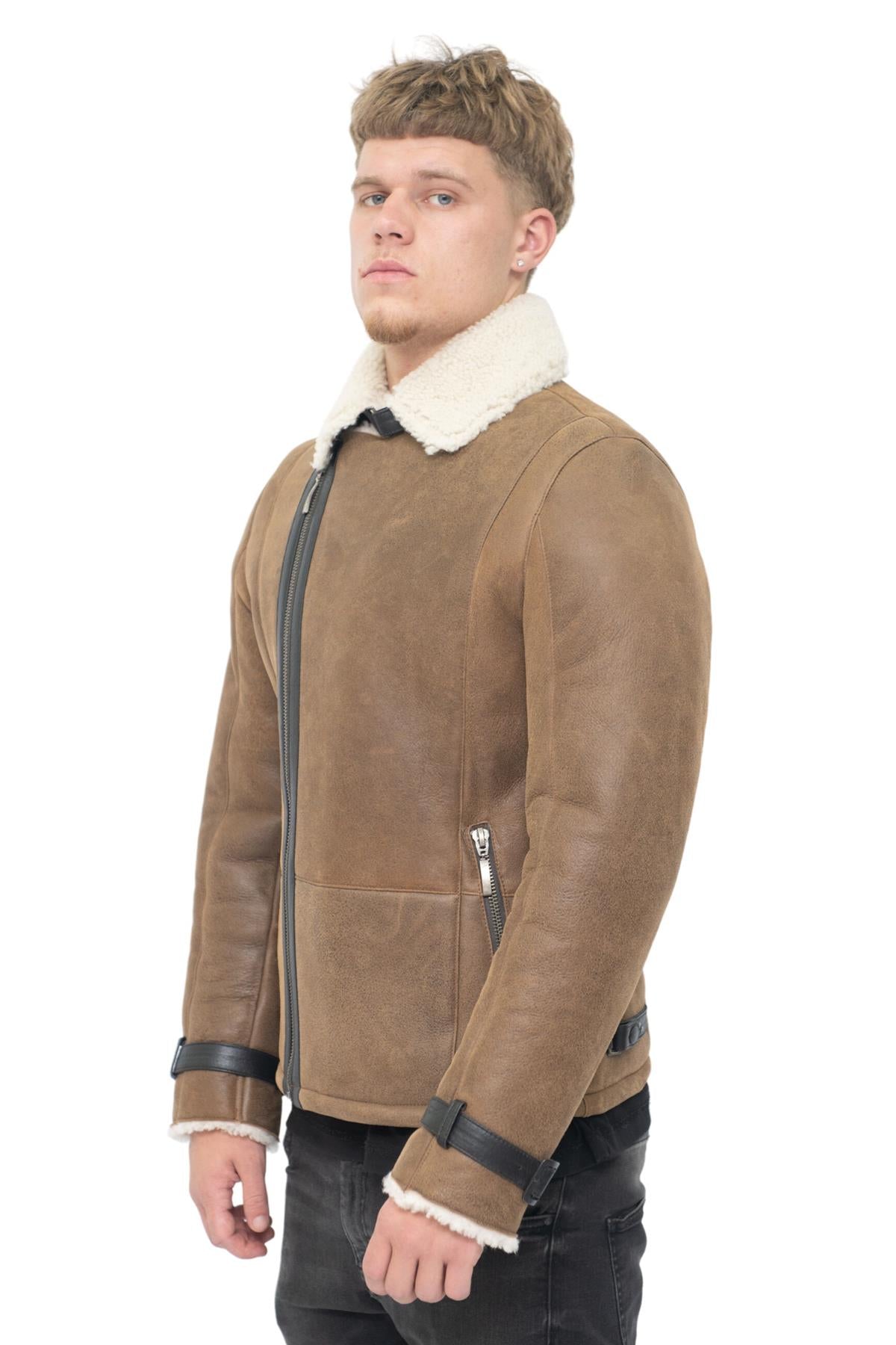 Mens Double Breasted Sheepskin Leather Biker Jacket-Heathfield