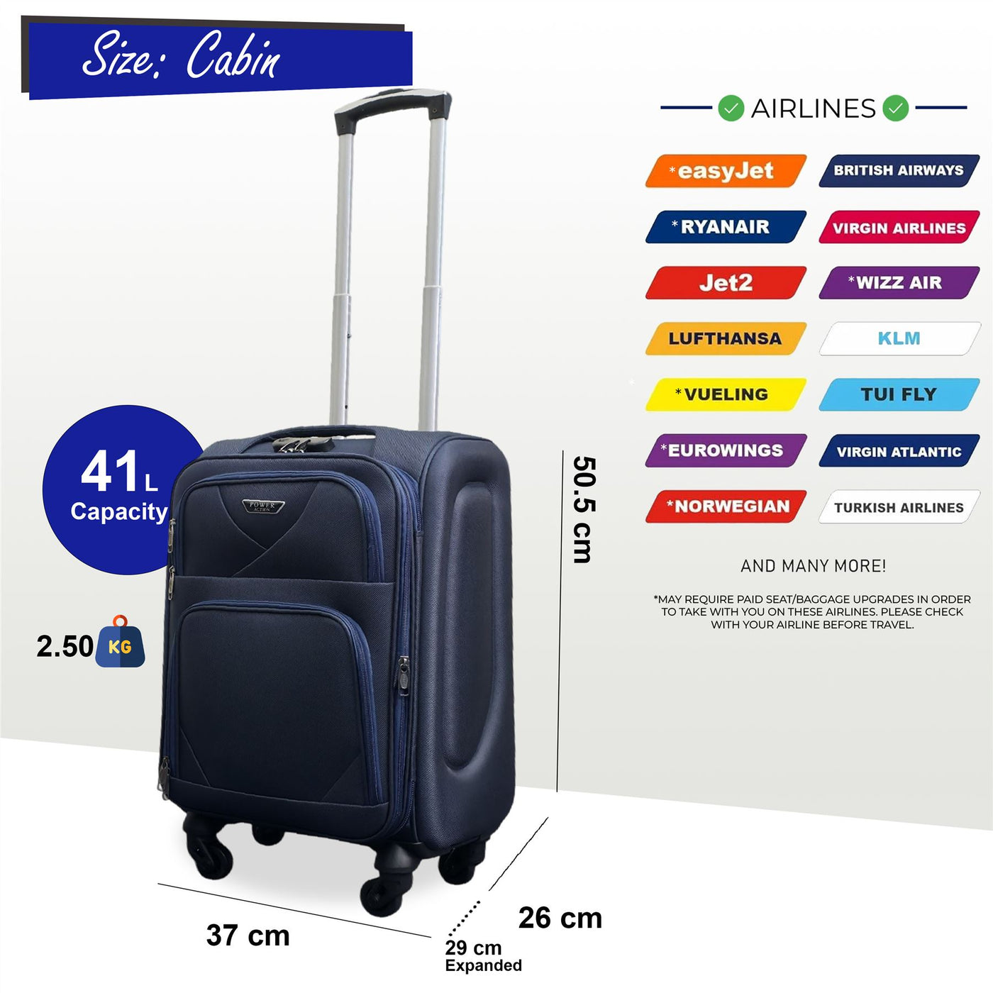 Expandable Soft Shell Cabin Suitcase 50.5 x 37 x 26 cm Luggage Suitable for Easyjet, Ryanair