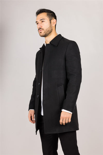 Men's Wool Blend Classic Collar Black Overcoat