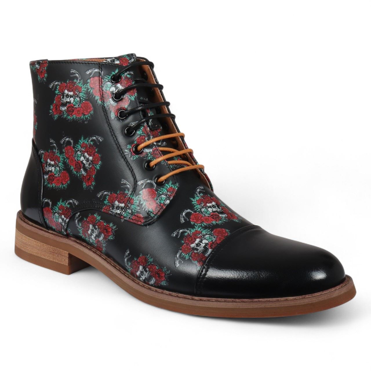 Justin Reess Men's Black Floral Leather Oxford Ankle Boots - Adam Skull