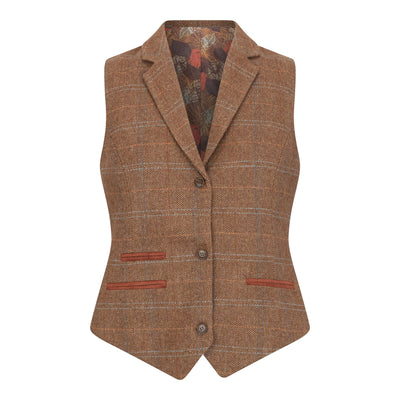 Women's Oak Brown 2 Piece Set Tweed Blazer Waistcoat in Herringbone Check