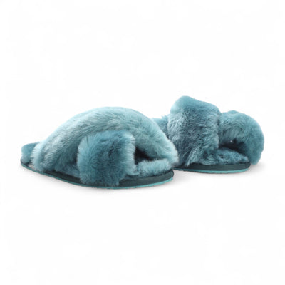 Women's Sheepskin Slippers Teal Warm Winter Fur Crossover - Snowbelle