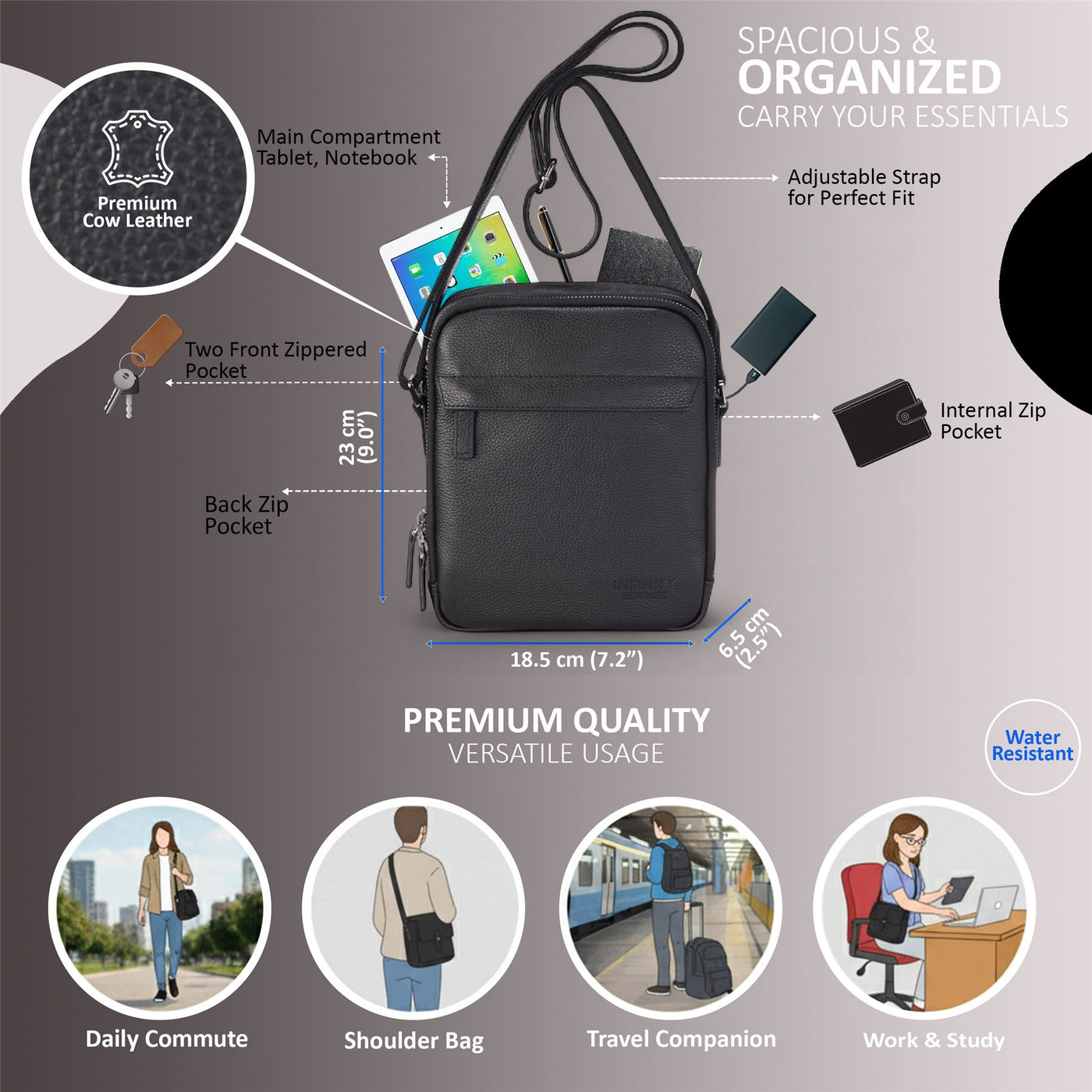Genuine Leather Vintage Messenger Crossbody Travel Bag - Hawthrone