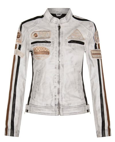 Womens Leather Biker Racing Badges Jacket-Agadir