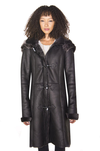 Womens Black Sheepskin Hooded Duffle Coat-Ottawa