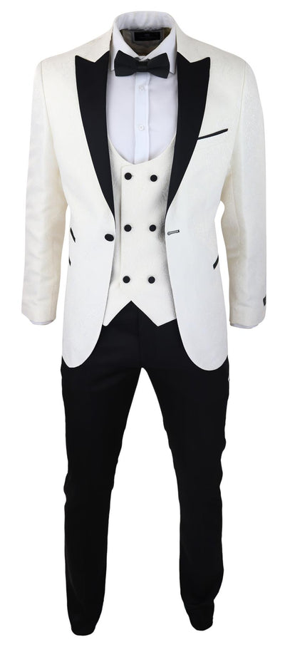 Mens Beige Tuxedo Blazer Waistcoat Brocade Ivory Satin Paisley Dinner Jacket