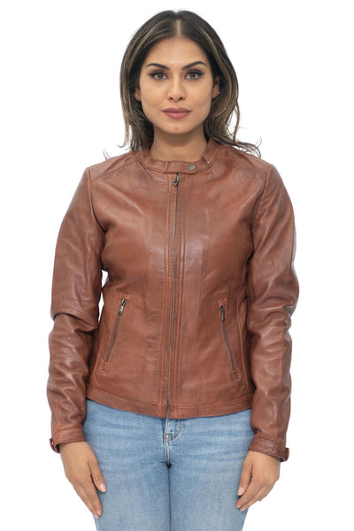 Womens Tan Leather Biker Jacket-Prague