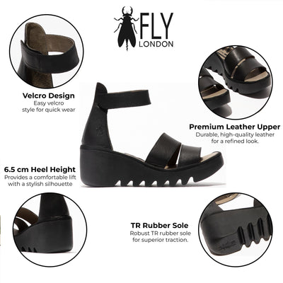 Fly London Women's BONO290FLY Black Mousse Leather Wedge Sandals