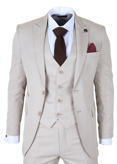 Men's Cream 3-Piece Tailored Fit Formal Wedding Peak Lapel Suit