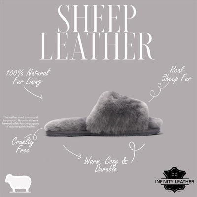Women's Sheepskin Slippers Grey Warm Winter Fur Sliders - Nordic