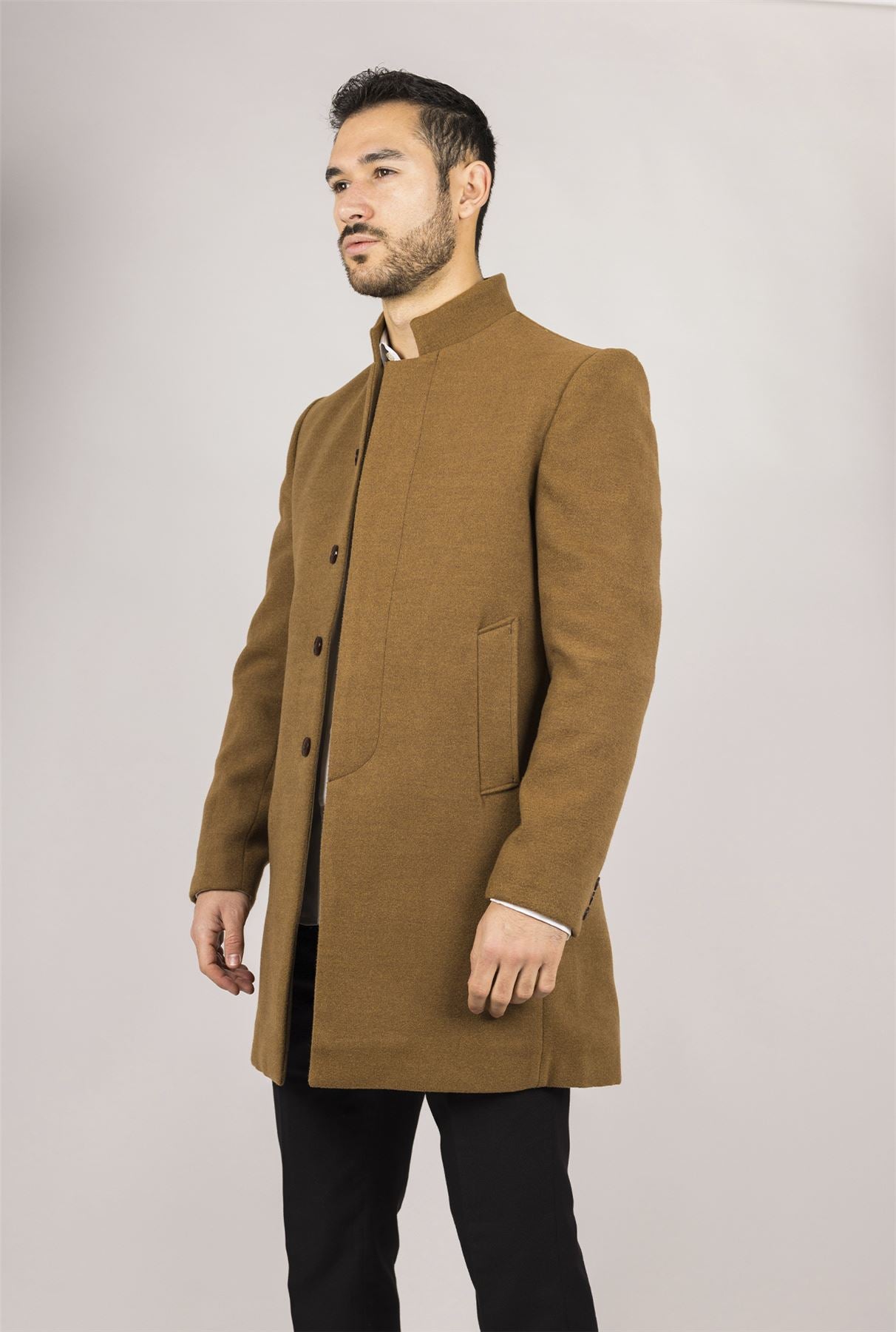 Men's Tan Stand Collar Wool Blend Overcoat