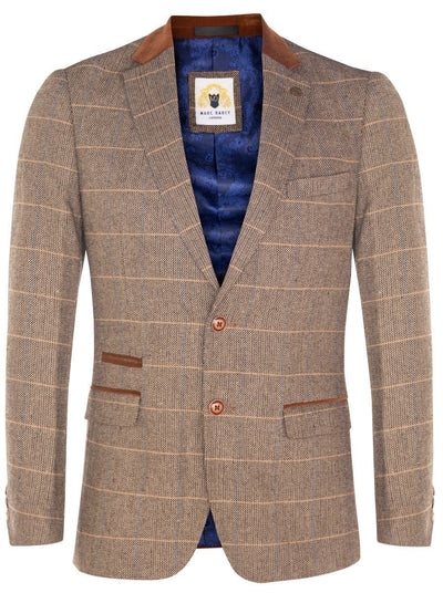 Marc Darcy Mens Tweed Blazer DX7 Tan Brown Check Herringbone Smart Formal Jacket