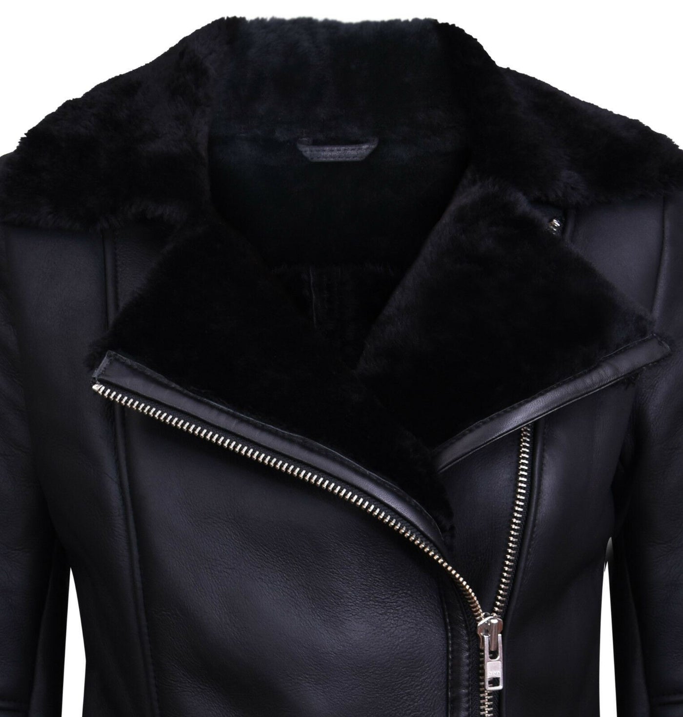 Womens Black Shearling Sheepskin Aviator Jacket-Kiev
