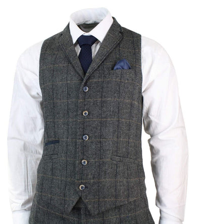 Mens 3 Piece Charcoal Grey Check Tweed Herringbone Vintage Classic Suit