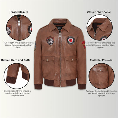 Men’s Leather Bomber G-1 Aviator Collar Jacket  - Maverick
