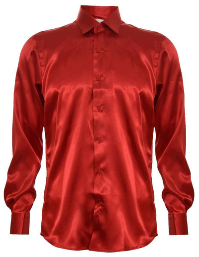 Mens Red Satin Silk Shirt Smart Casual Button Down Cuff Tailored Fit