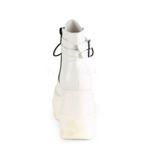 Demonia Shaker 52 White Stacked Wedge Ankle Boots – Infinity Leather