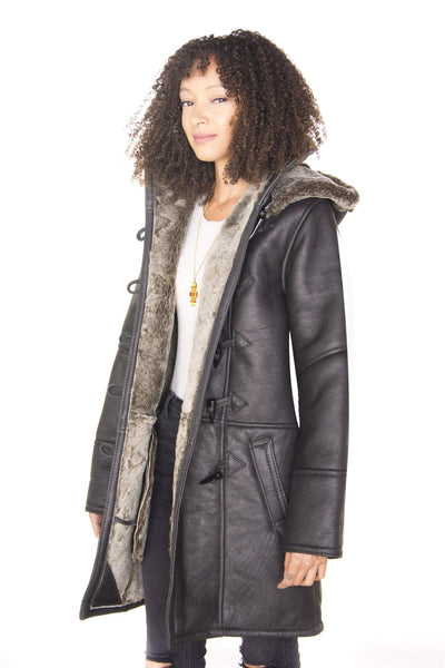 Womens Black Shearling Hooded Duffle Coat-Lille