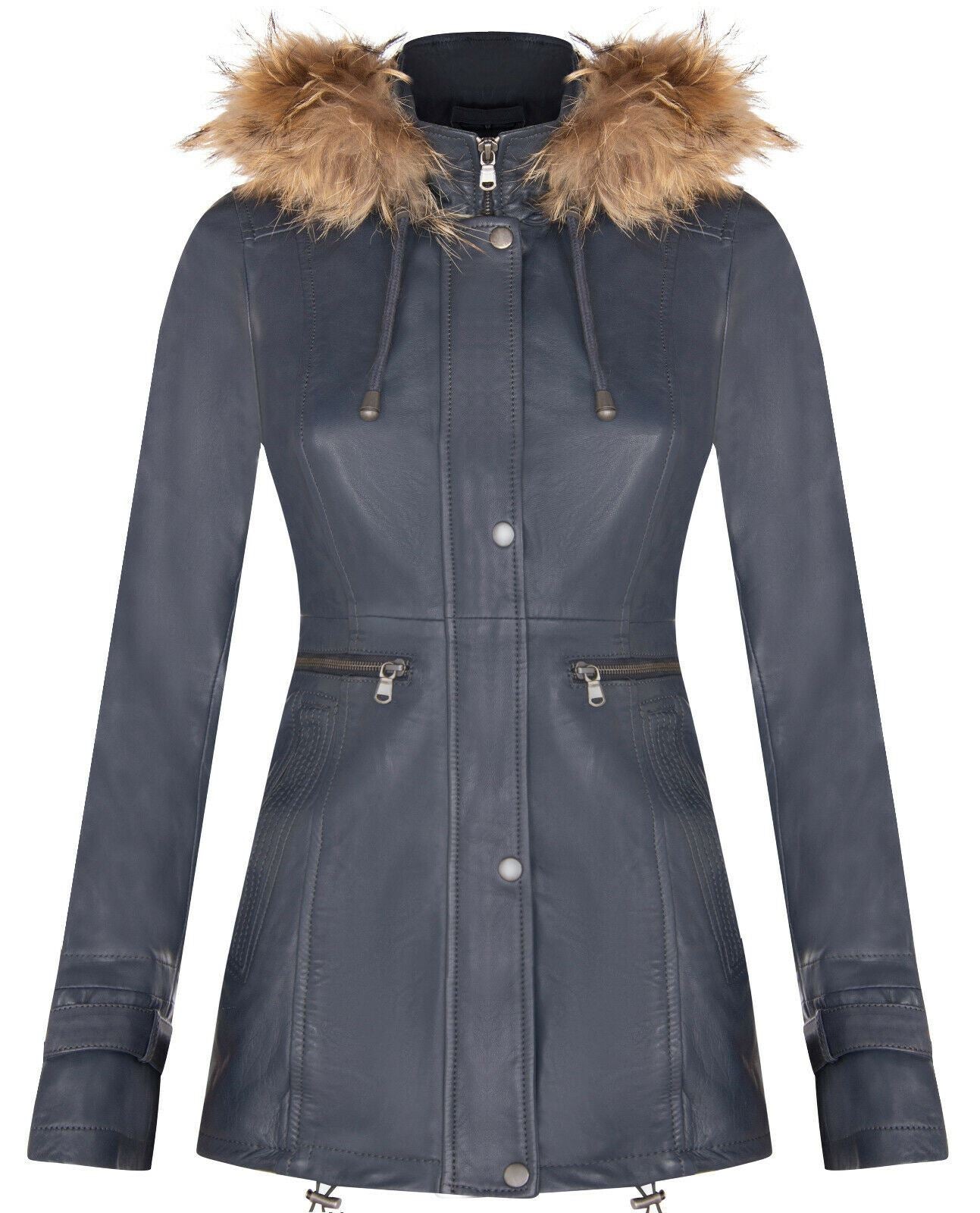 Womens Leather Hooded Parka Jacket-Putian