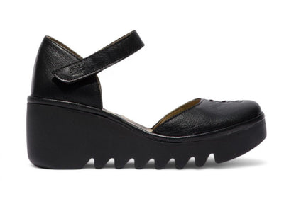 Fly London Women's Black BISO305FLY Mousse Leather Wedge Sandals