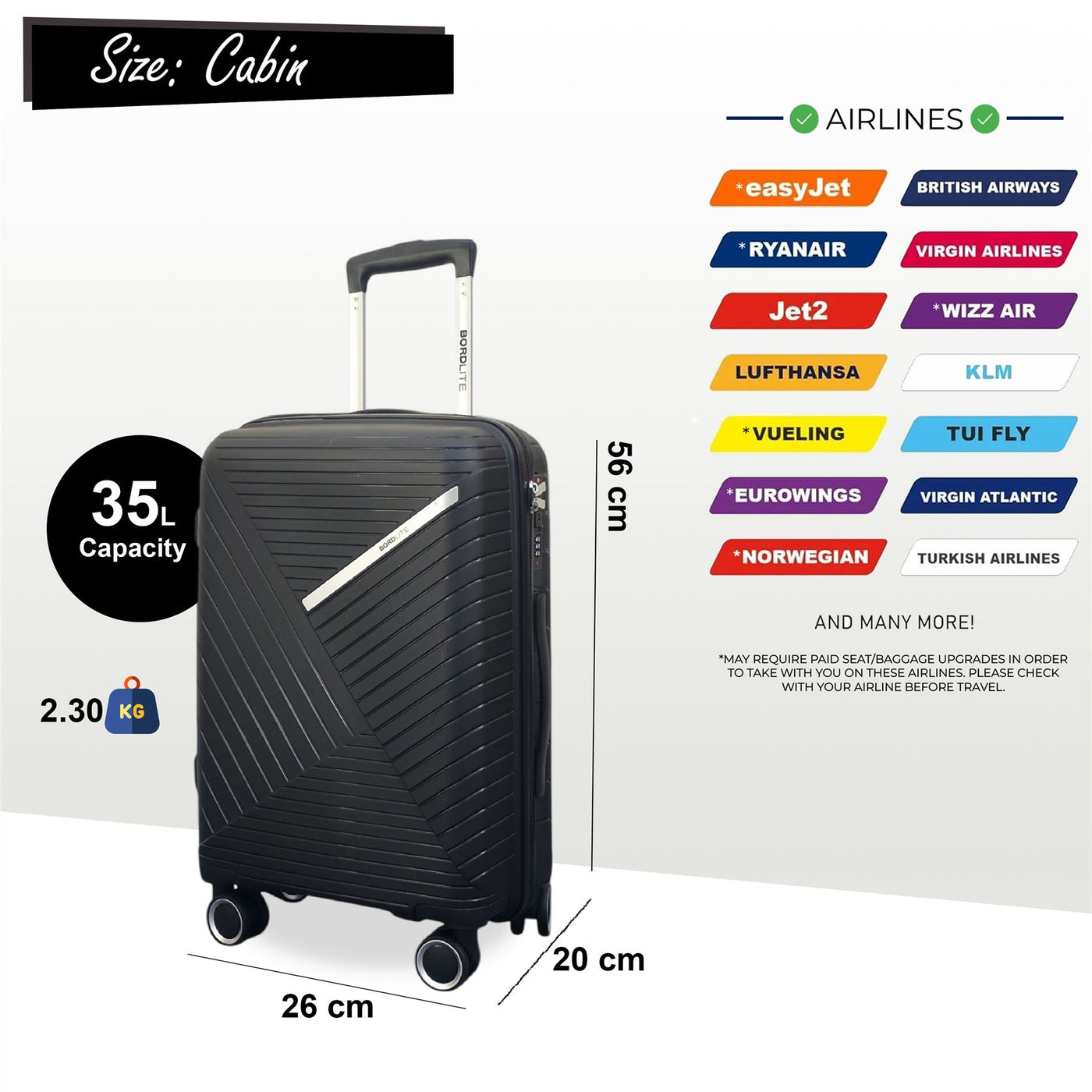 Hard Shell PP Cabin Suitcase 55 x 26 x 20 cm Luggage Suitable for Easyjet, Ryanair