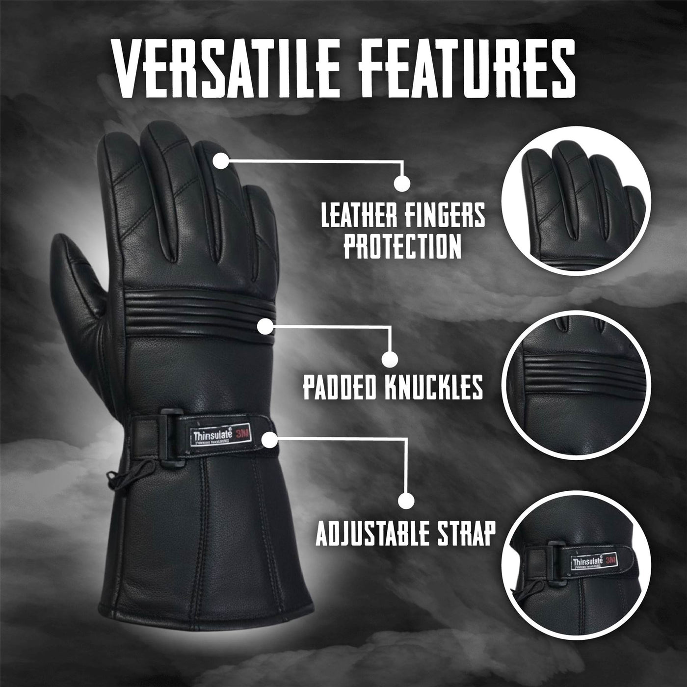 Men's Thermal Motorbike Black Leather Waterproof Biker Protection Gloves