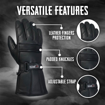 Men's Thermal Motorbike Black Leather Waterproof Biker Protection Gloves