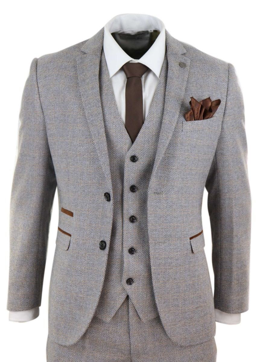 Mens 3 Piece Cream Tweed Check Vintage Retro Suit