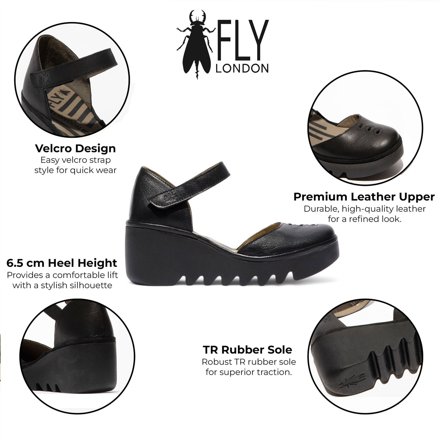 Fly London Women's BONO290FLY Black Mousse Leather Wedge Sandals